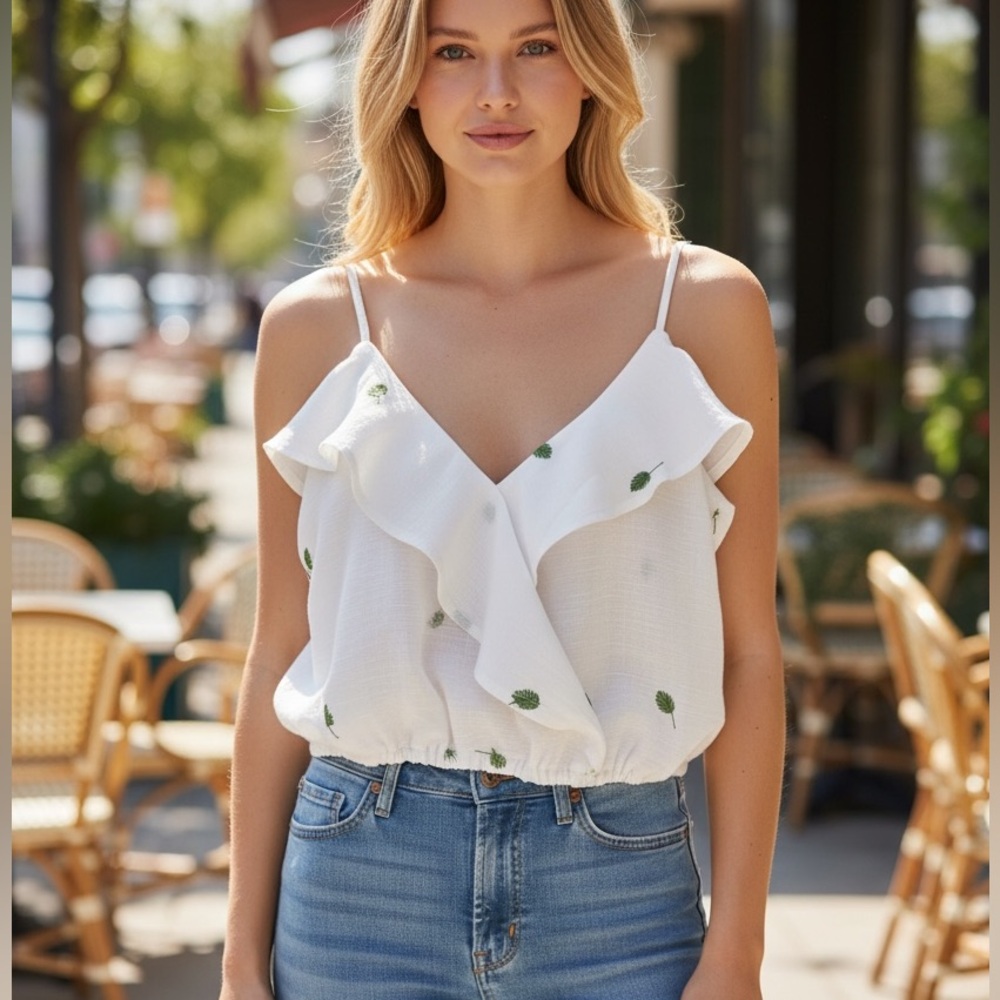 Grade & Gather White Ruffled Crop Top with Palm Leaf Embroidery